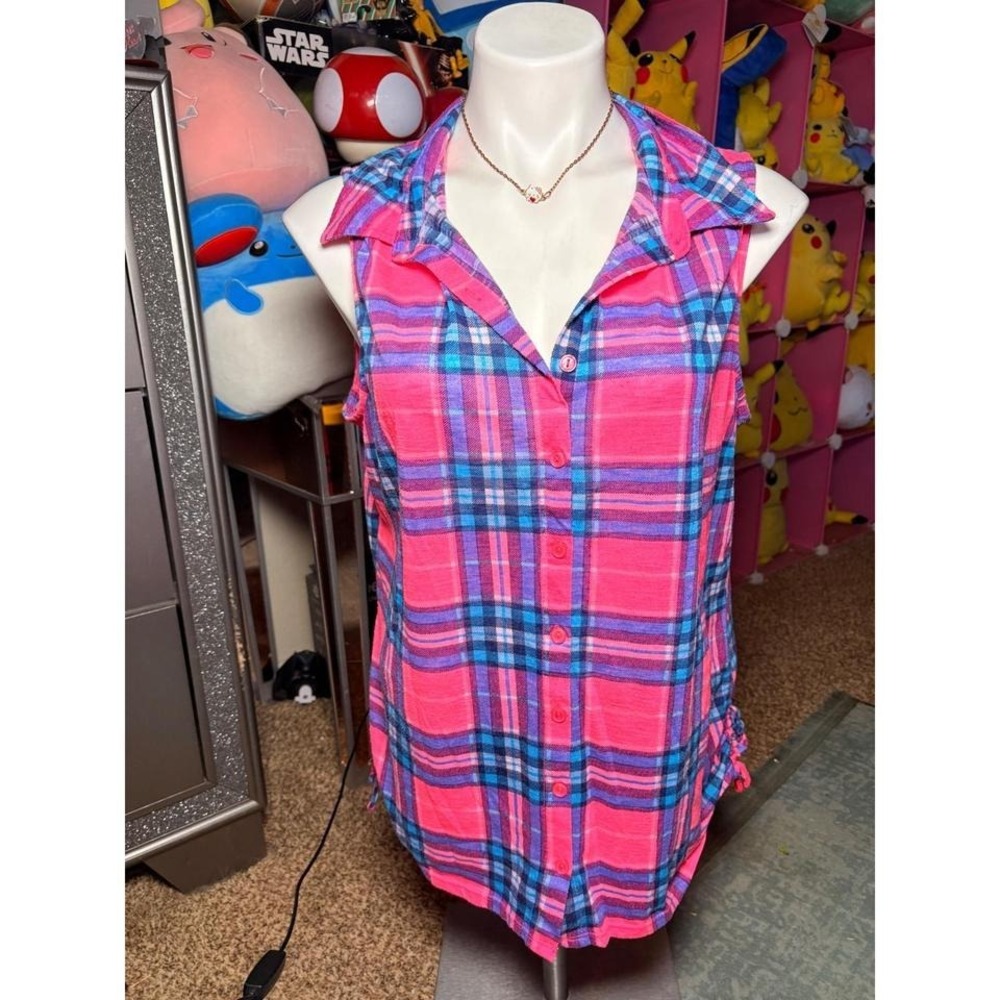 Y2K Pink Blue Plaid Sleeveless Flannel Crochet Lace Back Button Down Top L #2